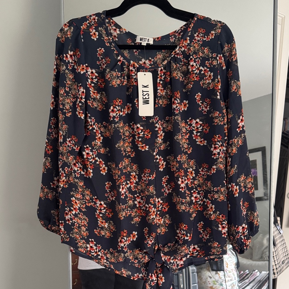 West K Floral Print Blouse - Navy and Red